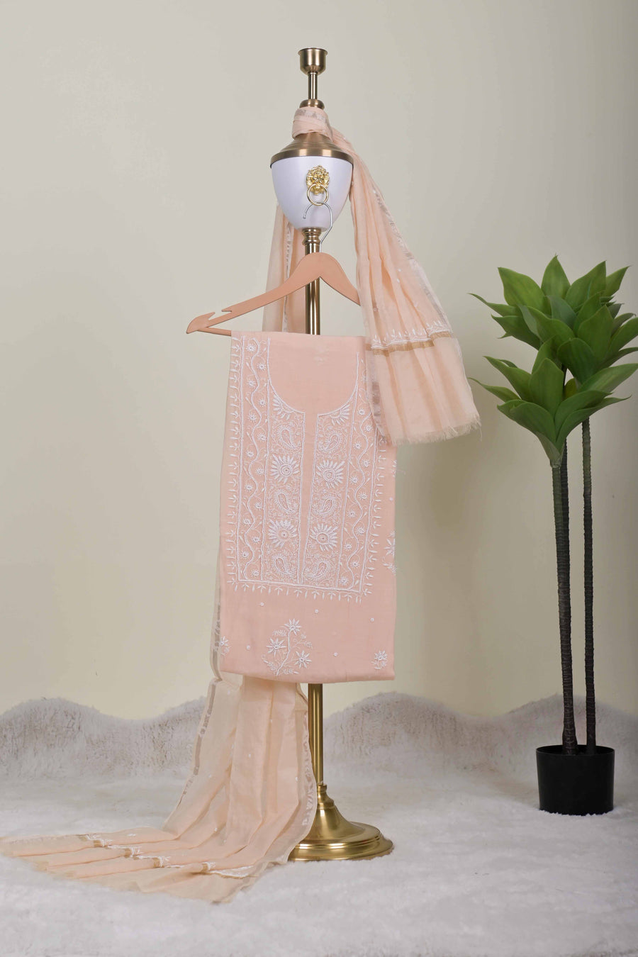 Peach Chikankari Handwork Unstitched Suit Set with Dupatta