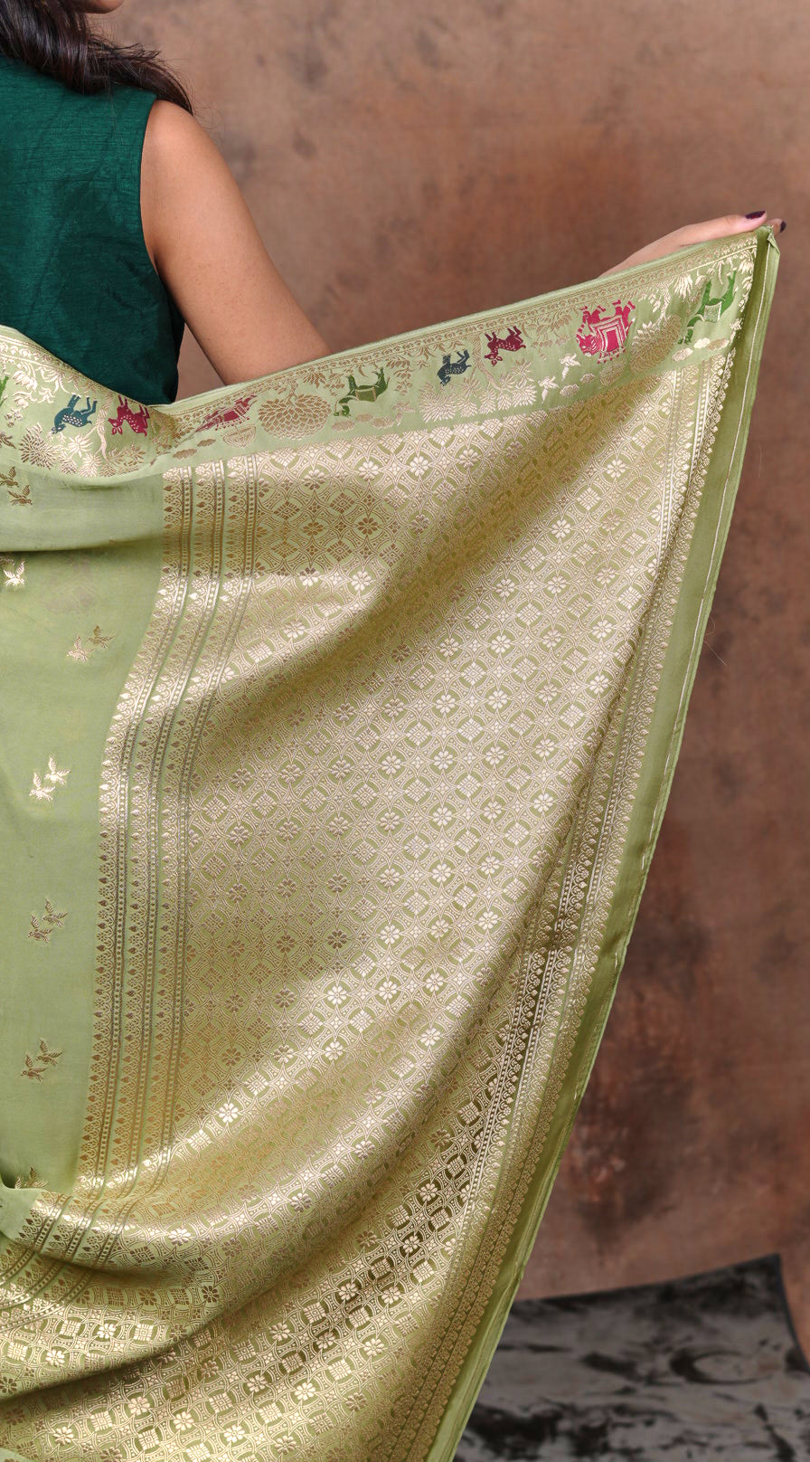 Sage Green Banarasi Zari Brocade Saree with Traditional Animal Motif Border