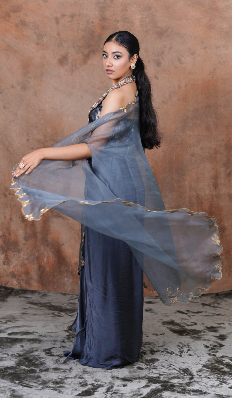 Midnight Blue Embroidered Corset Gown with Sheer Dupatta
