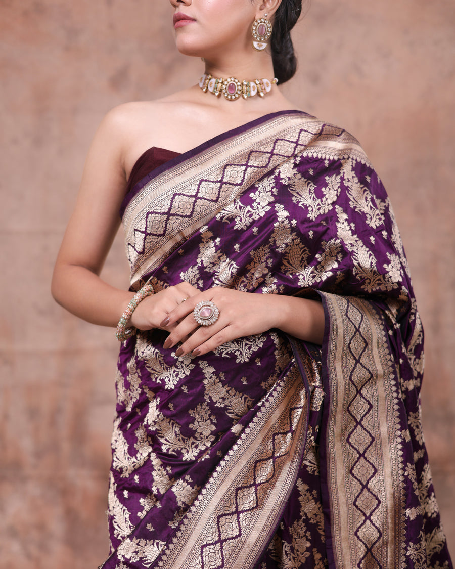 Royal Plum Floral Woven Saree