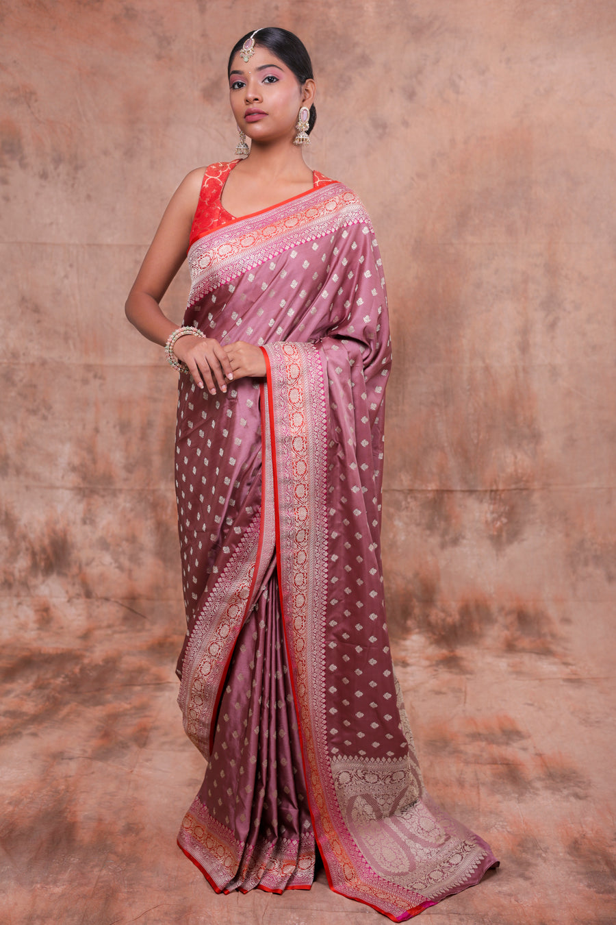 Wine Purple Banarasi Saree with Gold Zari Butta & Red Woven Border