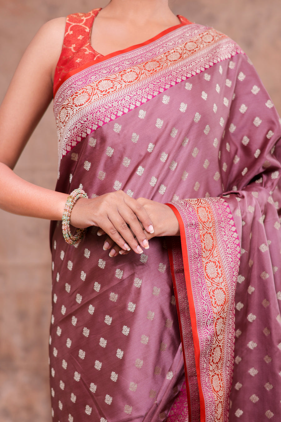 Wine Purple Banarasi Saree with Gold Zari Butta & Red Woven Border