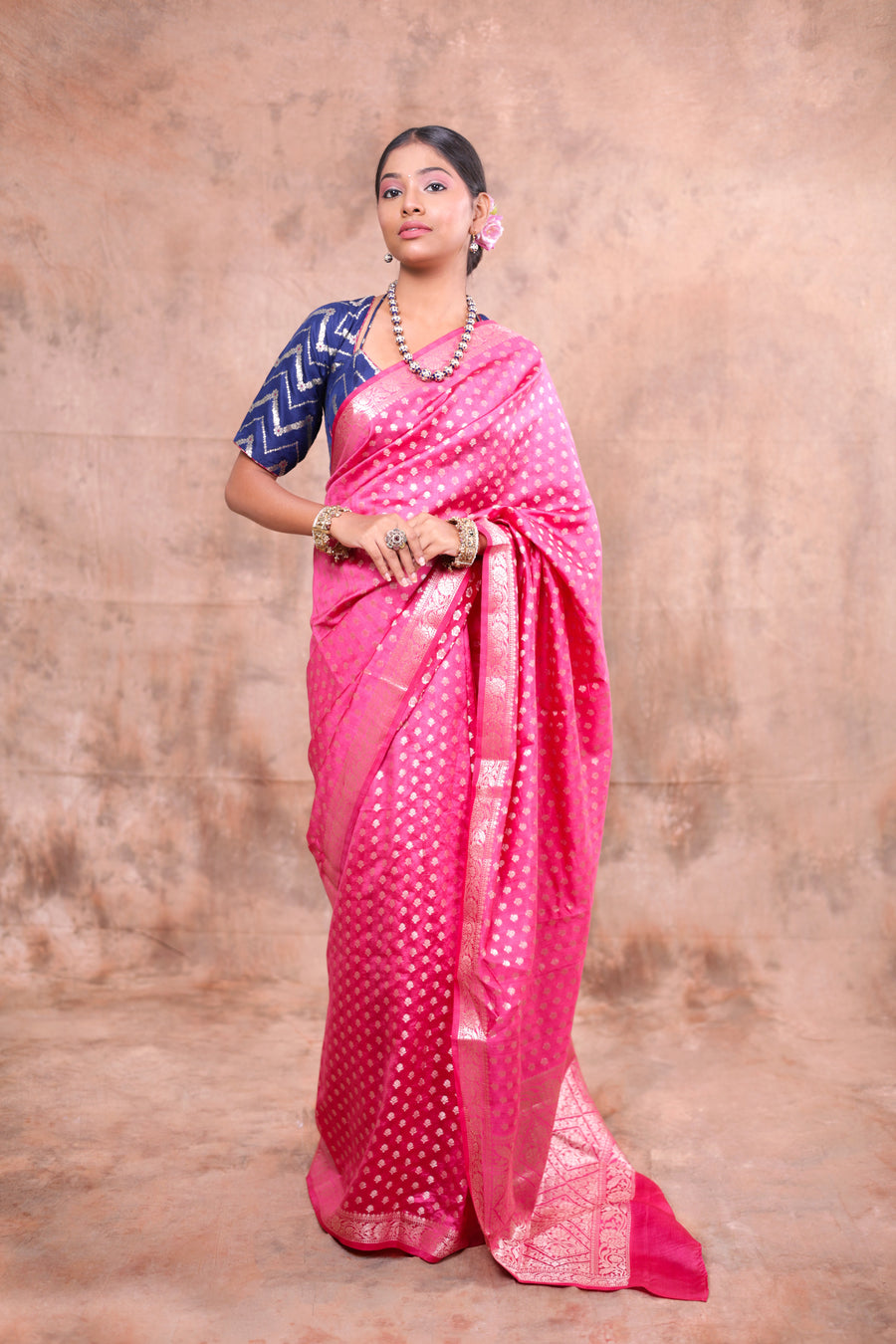 Rani Pink Banarasi Saree with Gold Zari Butta & Designer Border