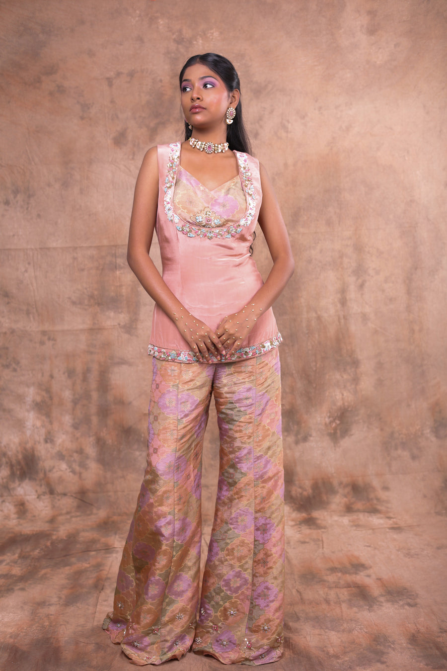 Blush Pink Embellished Peplum Top with Floral Palazzo Pants