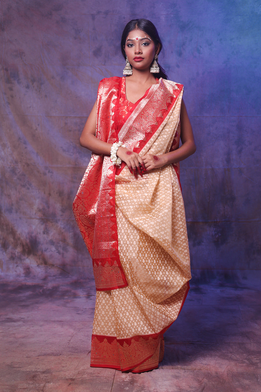 Beige & Red Banarasi Zari Buti Silk Saree