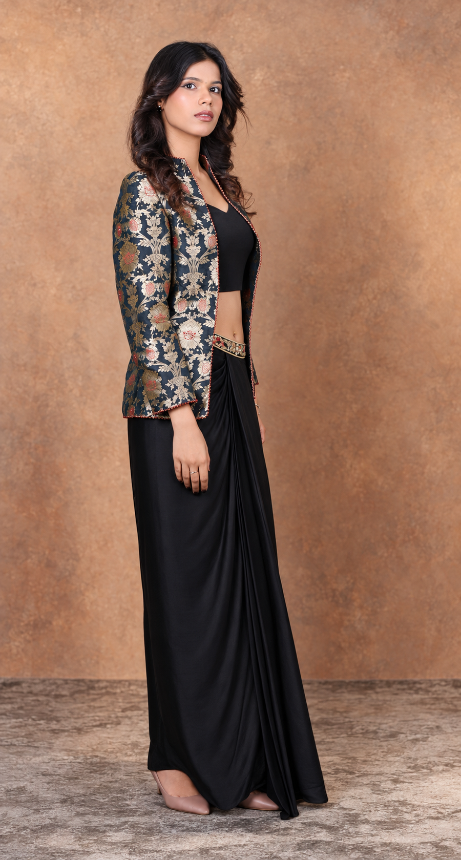 Black Floral Brocade Jacket with Draped Palazzo Pants