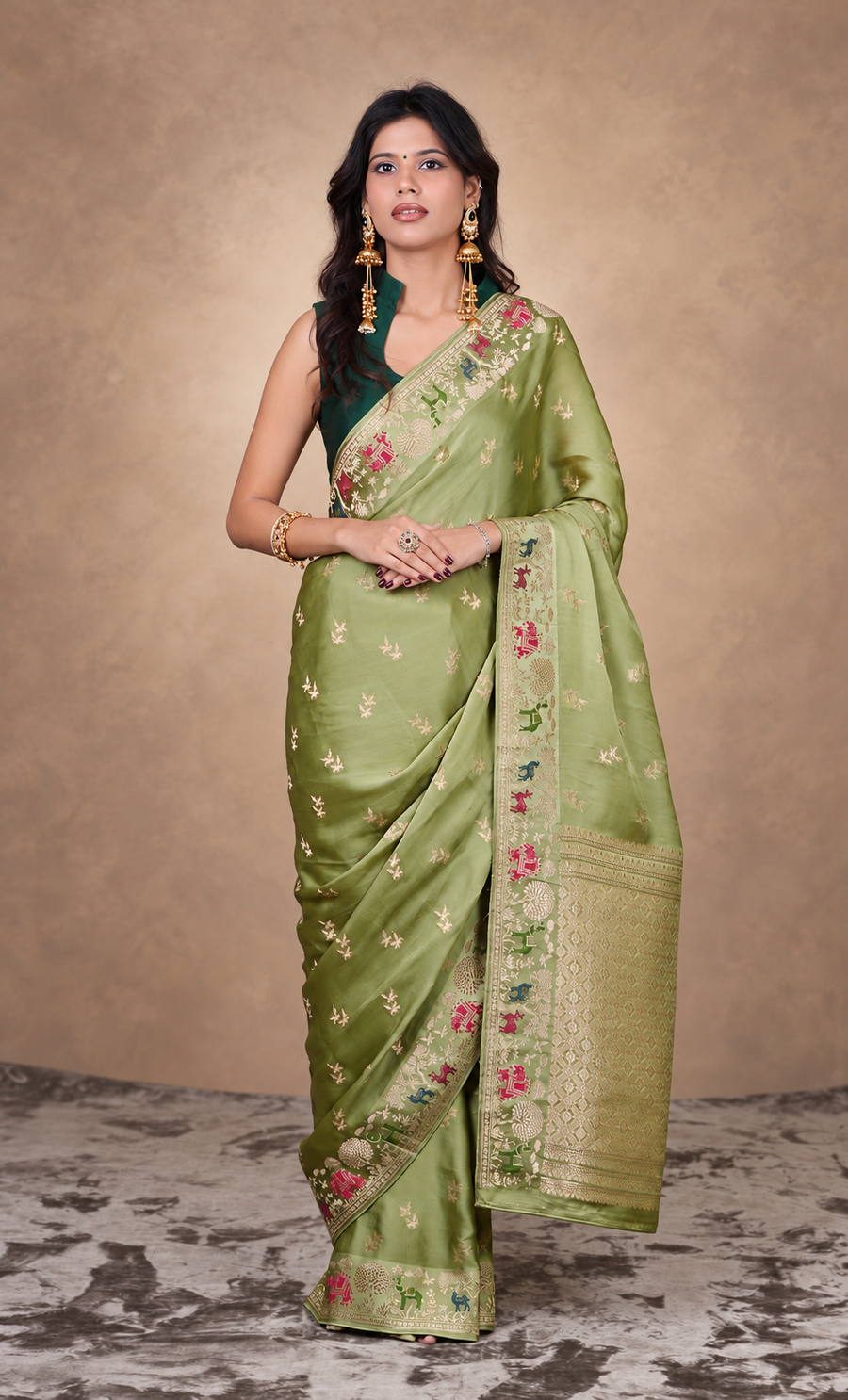 Sage Green Banarasi Zari Brocade Saree with Traditional Animal Motif Border