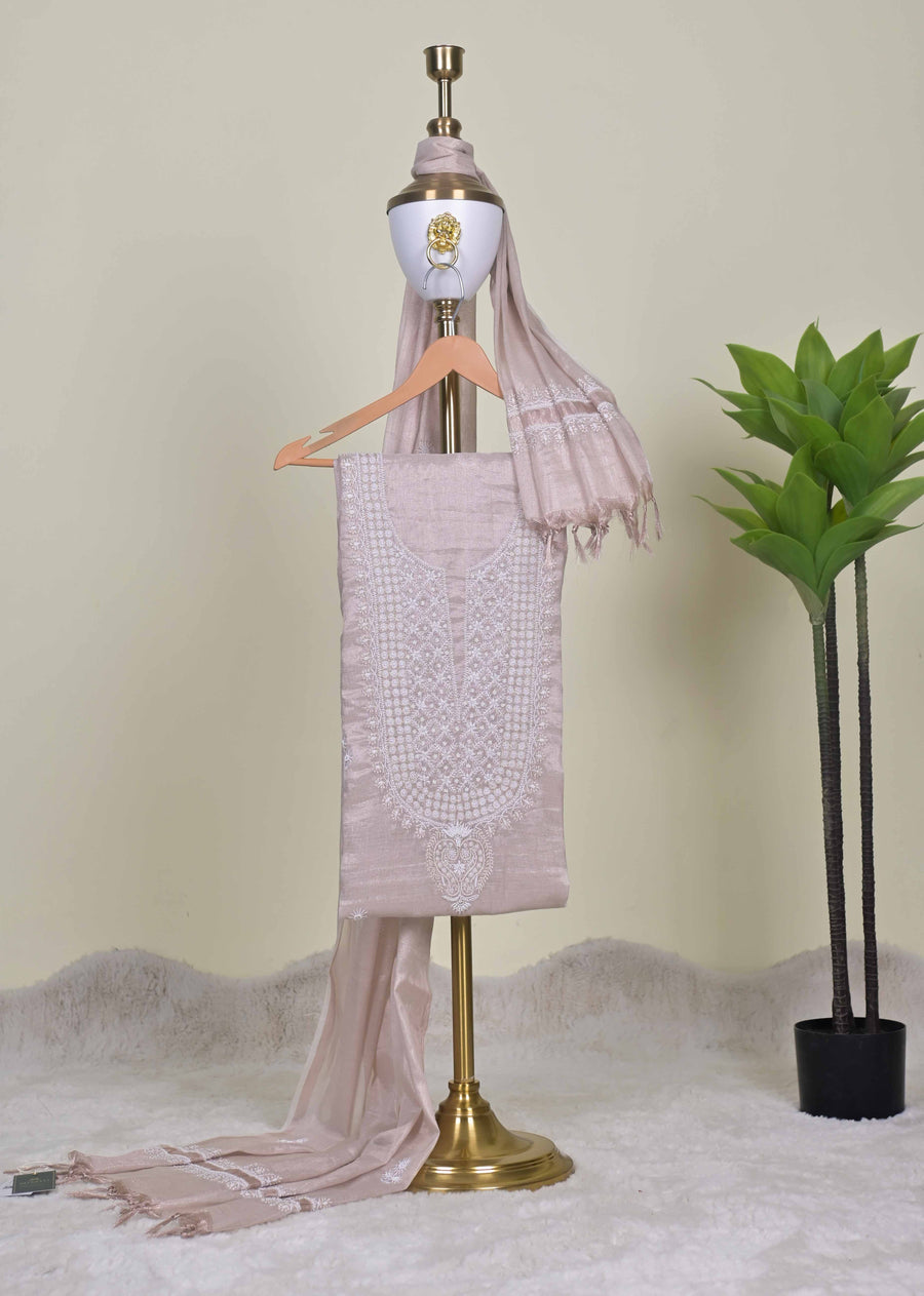 Rose Gold Chikankari Handwork Unstitched Suit Set with Dupatta