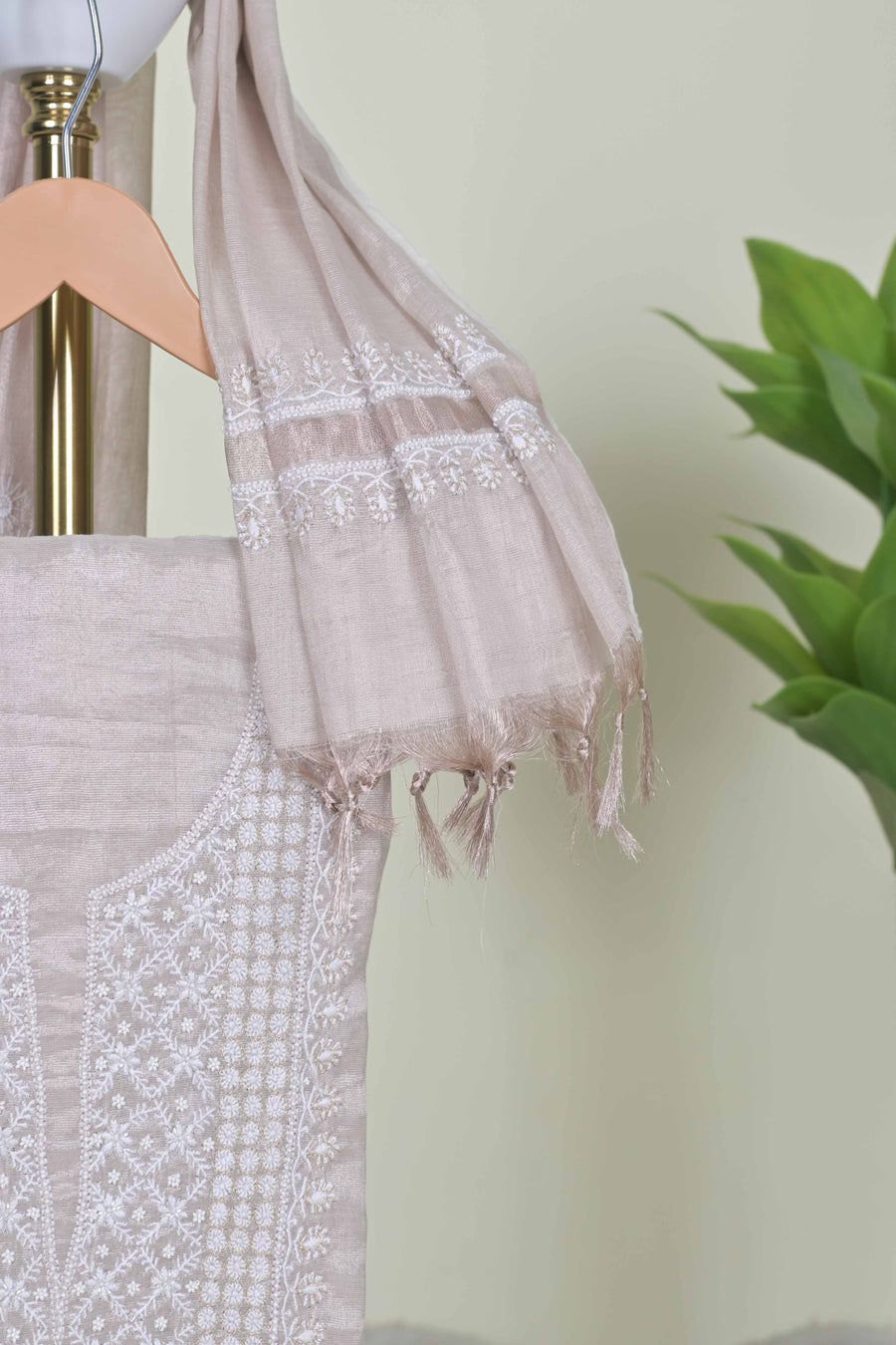 Rose Gold Chikankari Handwork Unstitched Suit Set with Dupatta
