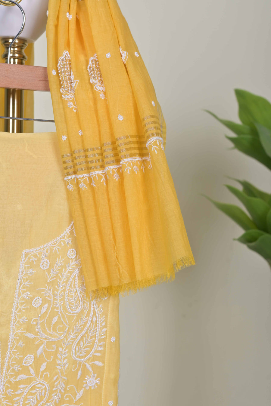 Yellow Chikankari Handwork Unstitched Suit Set with Dupatta