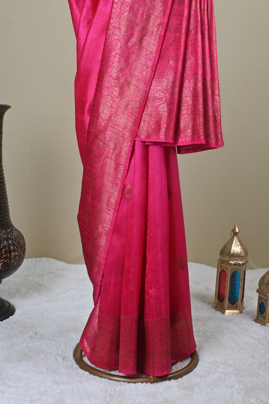 Rani Pink Banarasi-Style Saree with Antique Gold Zari Border
