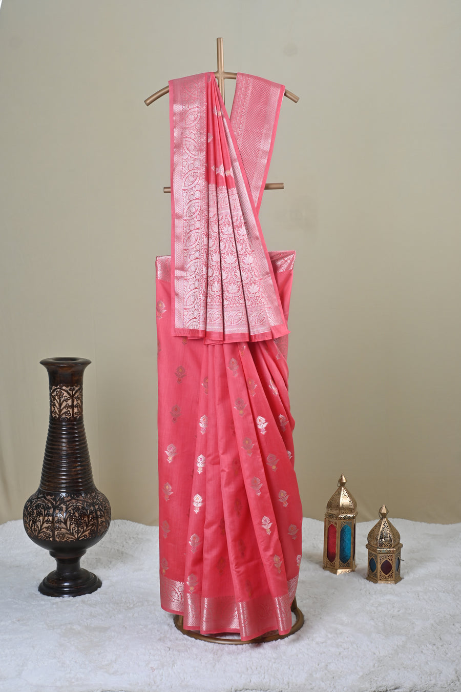 Coral Pink Banarasi Silk Saree with Silver Zari Floral Buti & Ornate Border