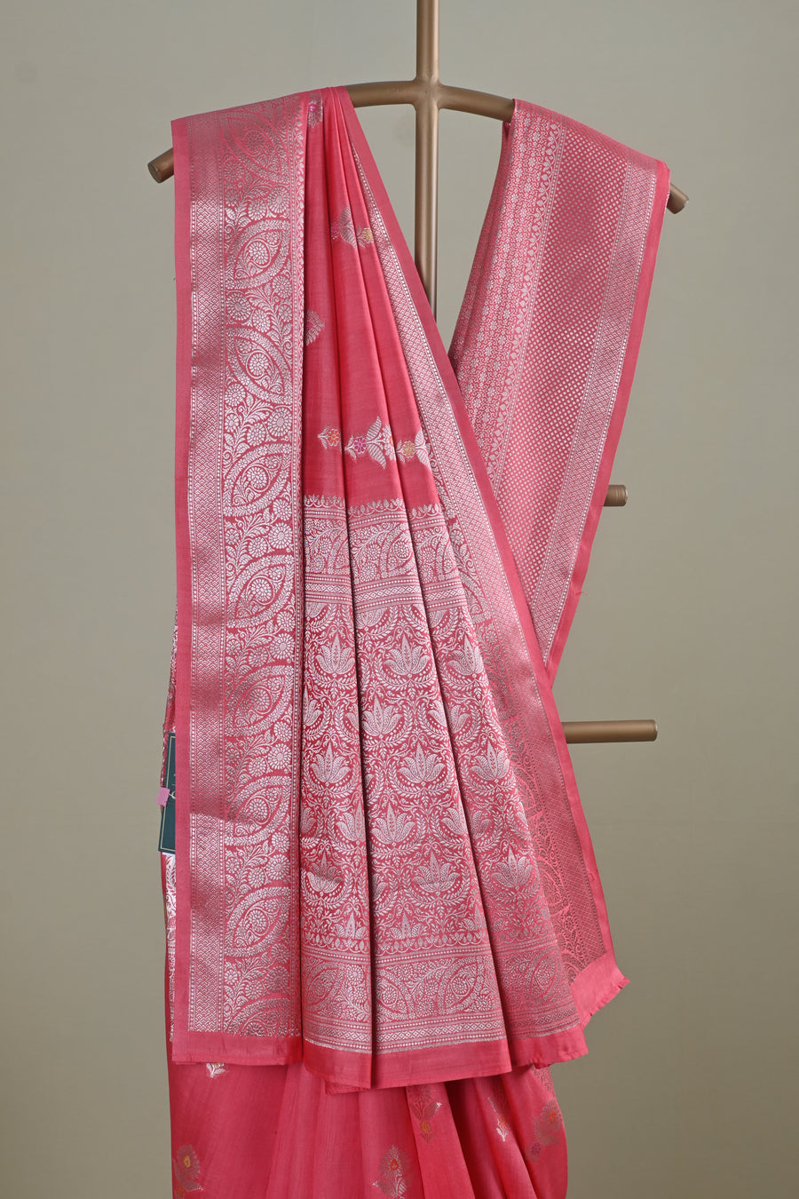 Coral Pink Banarasi Silk Saree with Silver Zari Floral Buti & Ornate Border
