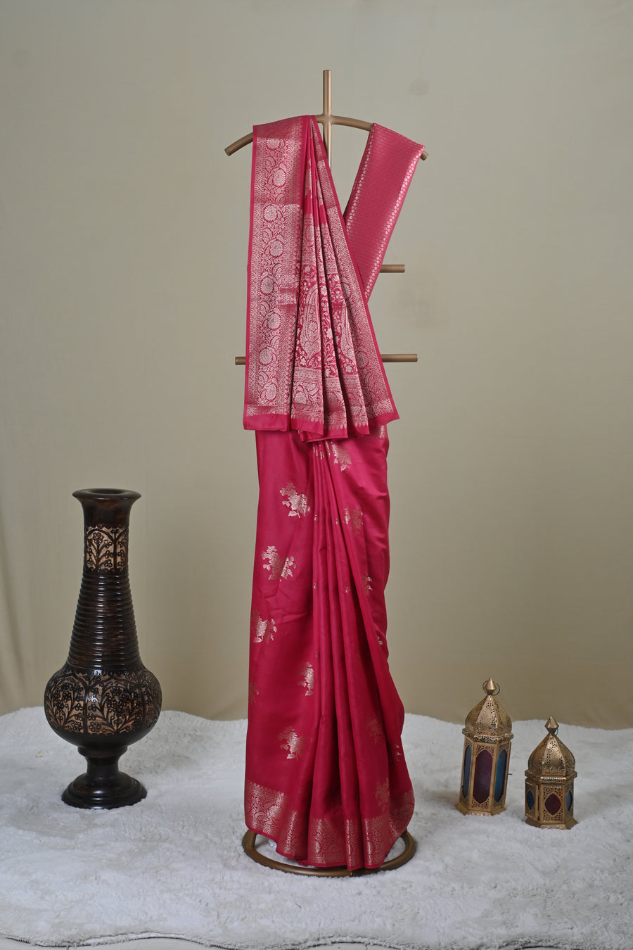 Rani Pink Banarasi Jacquard Silk Saree with Gold Zari Work