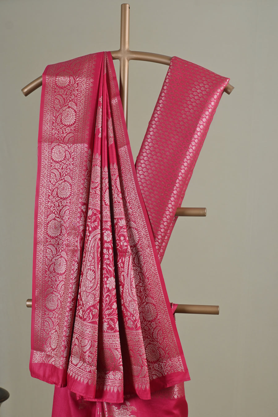 Rani Pink Banarasi Jacquard Silk Saree with Gold Zari Work