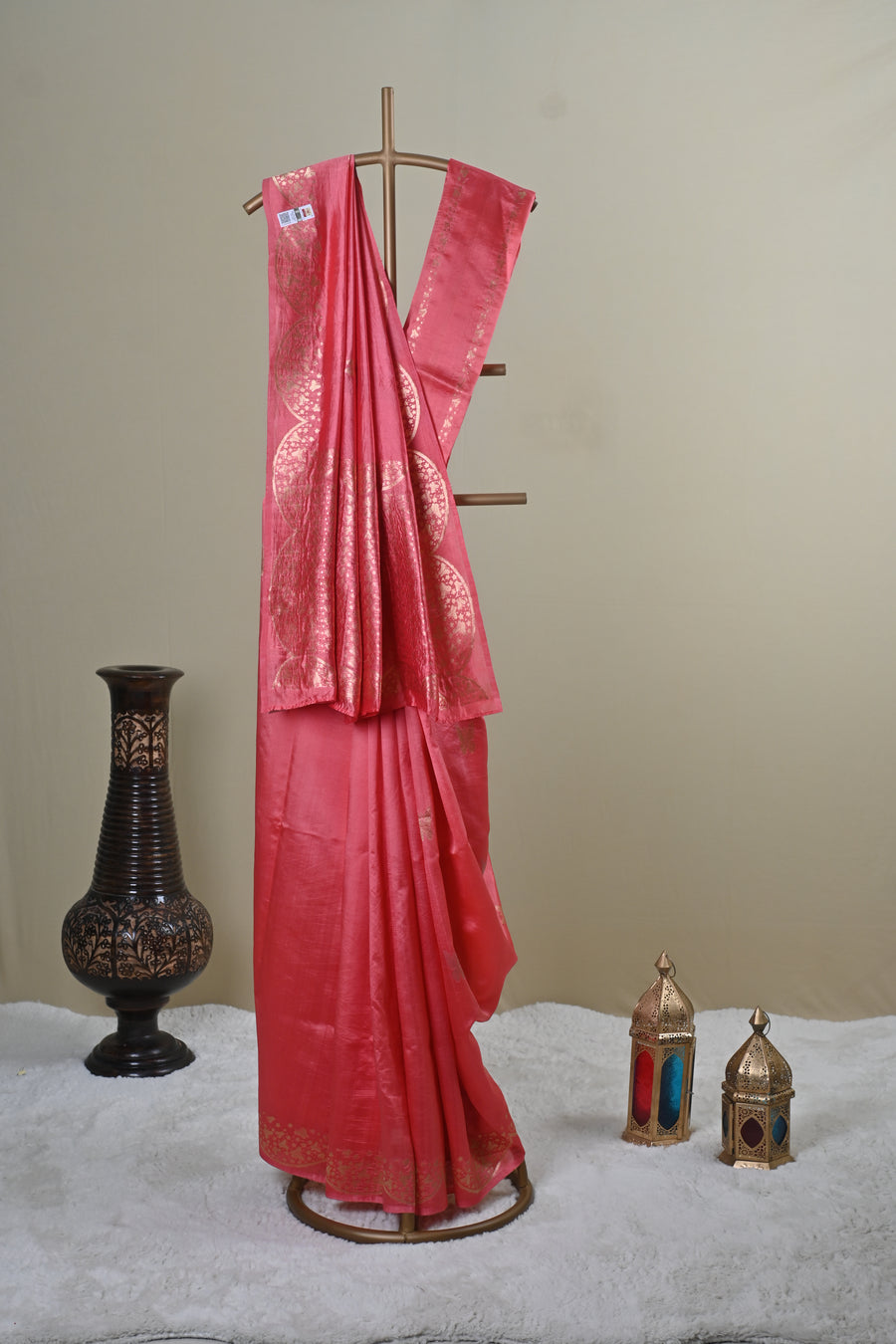 Coral Pink Silk-Blend Saree with Golden Zari Woven Border