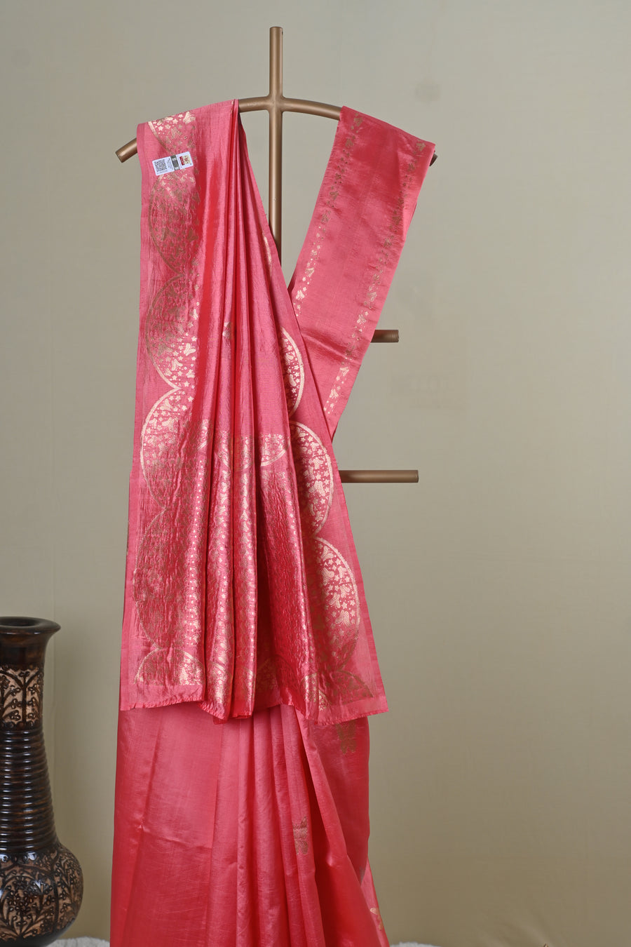 Coral Pink Silk-Blend Saree with Golden Zari Woven Border