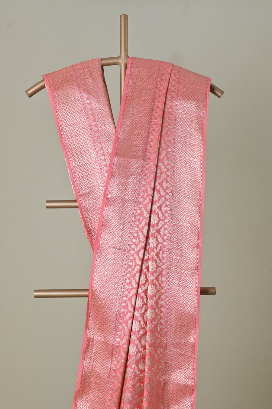 Peach Pink Banarasi-Style Silk Saree with Golden Zari Weaving