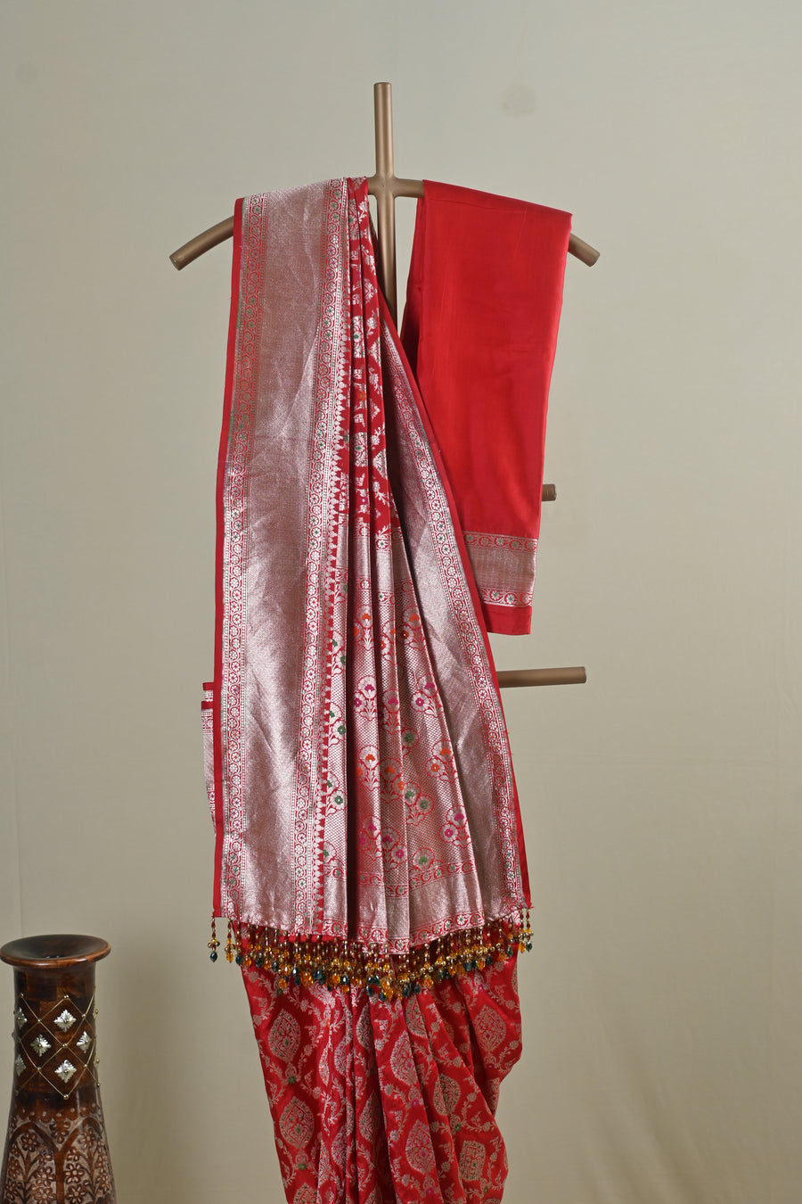 Red Banarasi Silk Saree with Multicolour Floral Zari Weaving