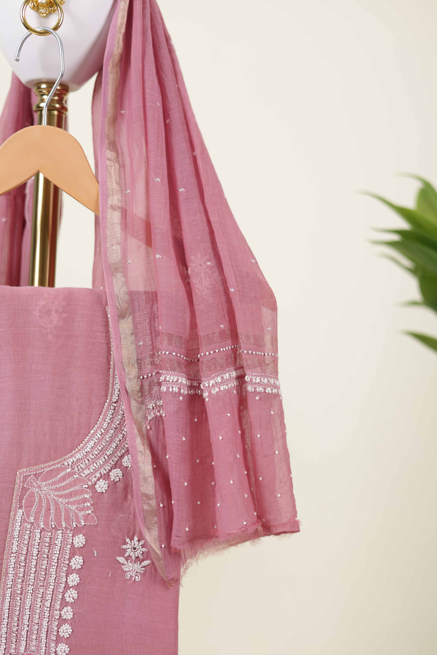 Dusty Rose Chikankari Handwork Unstitched Suit Set with Dupatta