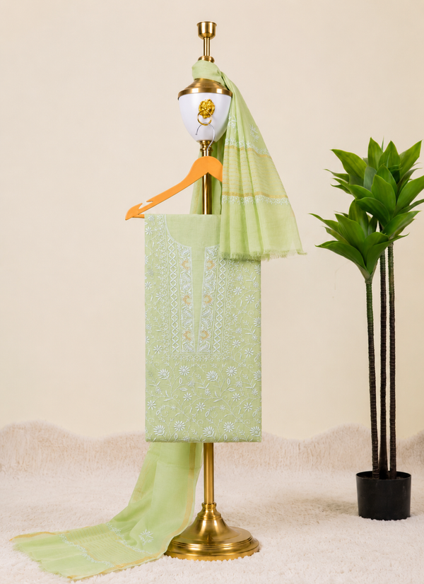 Pistachio Green Chikankari Unstitched Kurta & Dupatta β Indian ethnic wear front view