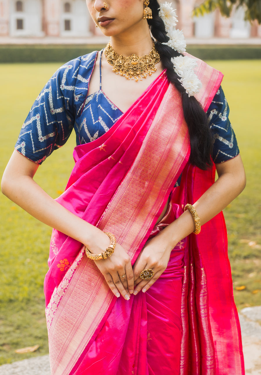 Rani Pink Banarasi Silk Saree – traditional zari design close-up