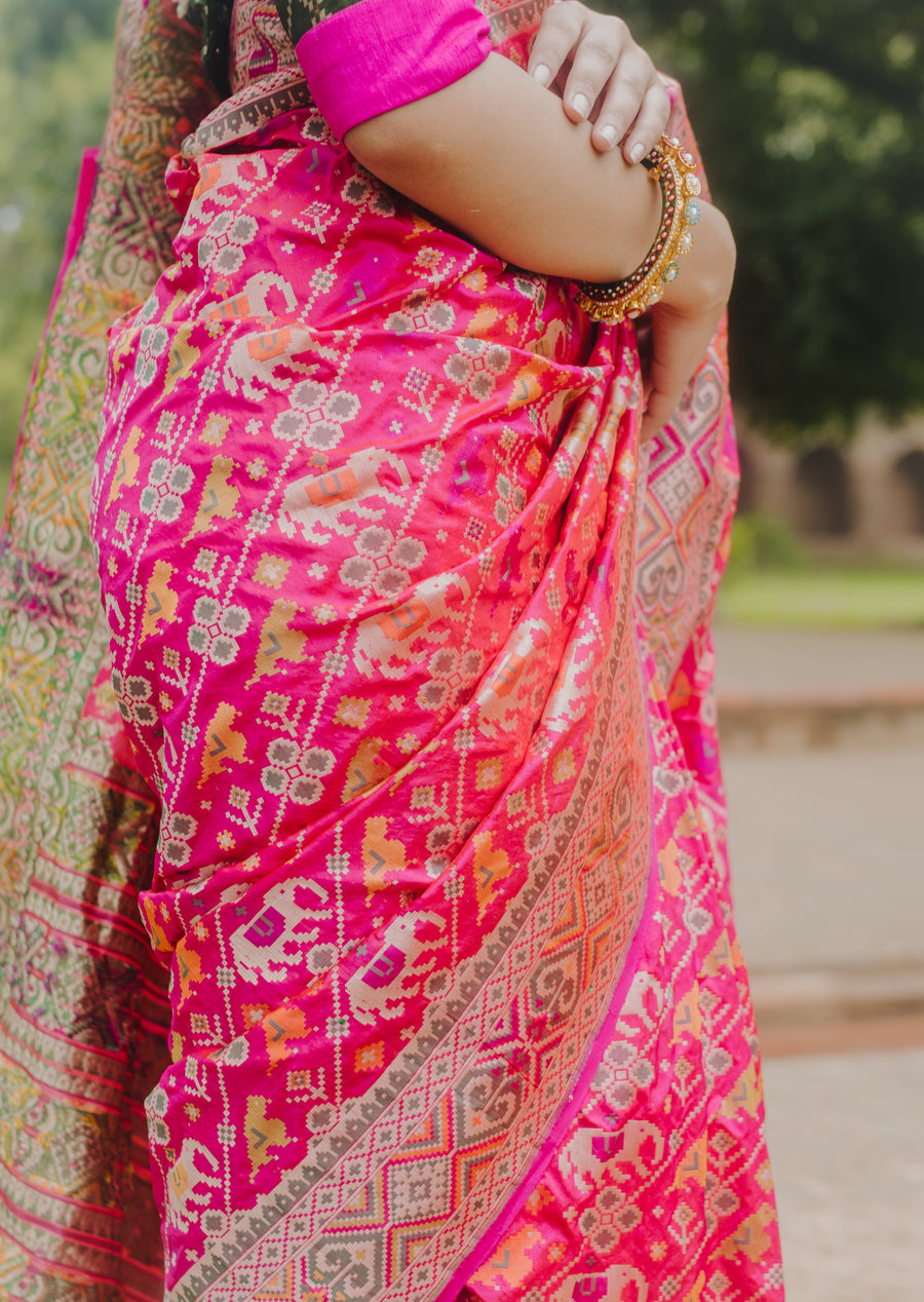 Rani Pink Patola Silk Saree – fabric and design detail