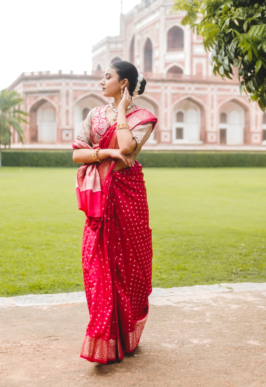 Ruby Pink Banarasi Silk Saree with Gold Zari Buti – Indian ethnic wear front view