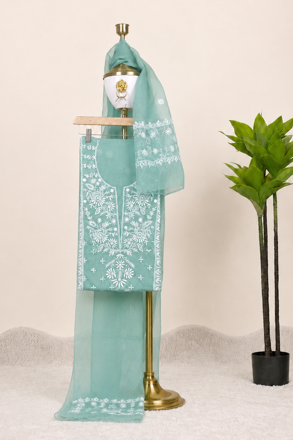 Sea Green Chikankari Embroidered Unstitched Kurta with Dupatta β Indian ethnic wear front view