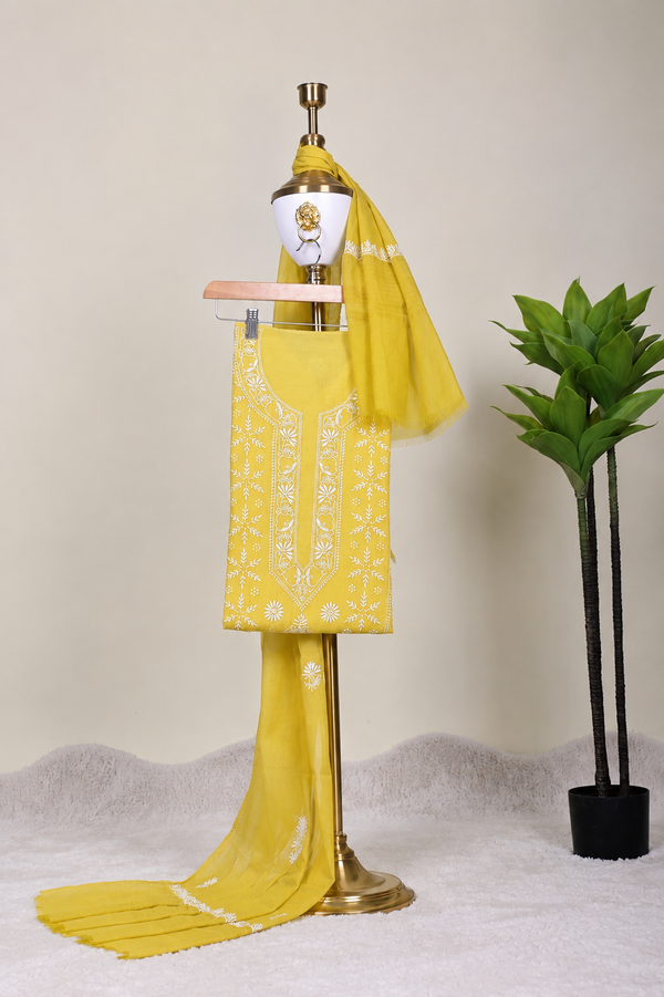 Sunshine Yellow Chikankari Embroidered Unstitched Kurta with Dupatta β Indian ethnic wear front view