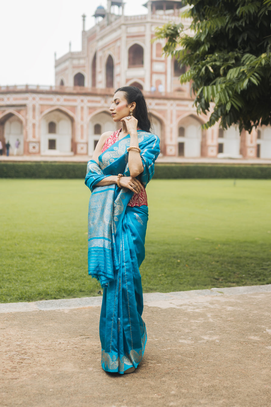Turquoise Blue Banarasi Silk Saree with Silver Zari Border – Indian ethnic wear front view