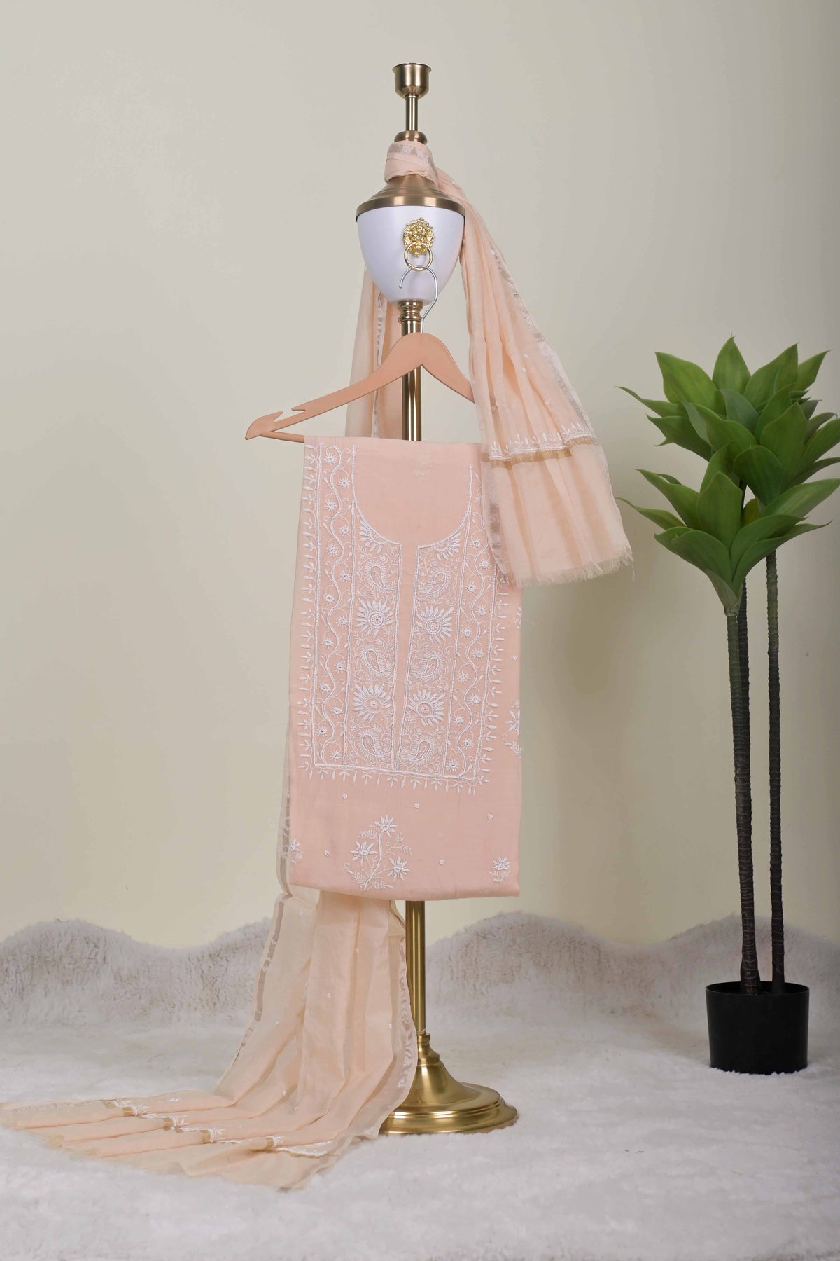 Peach Chikankari Handwork Unstitched Suit Set with Dupatta