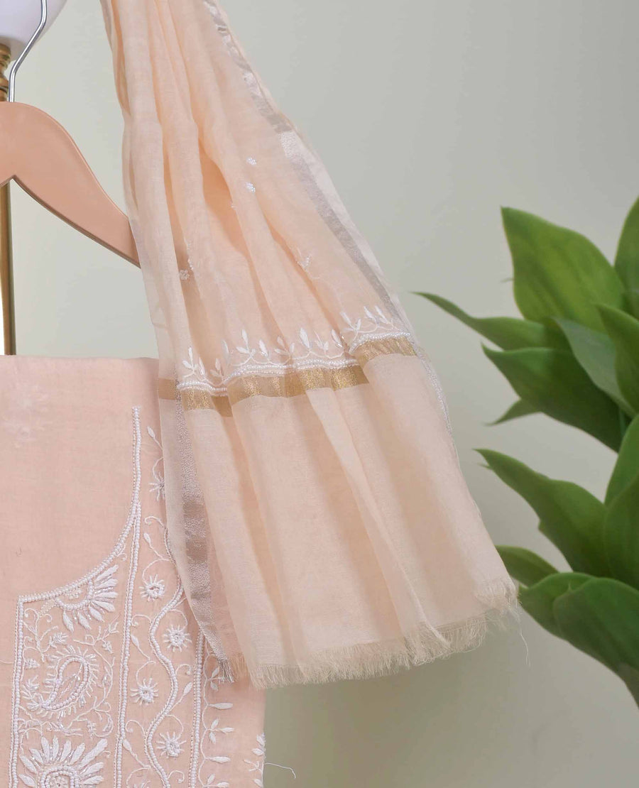 Peach Chikankari Handwork Unstitched Suit Set with Dupatta