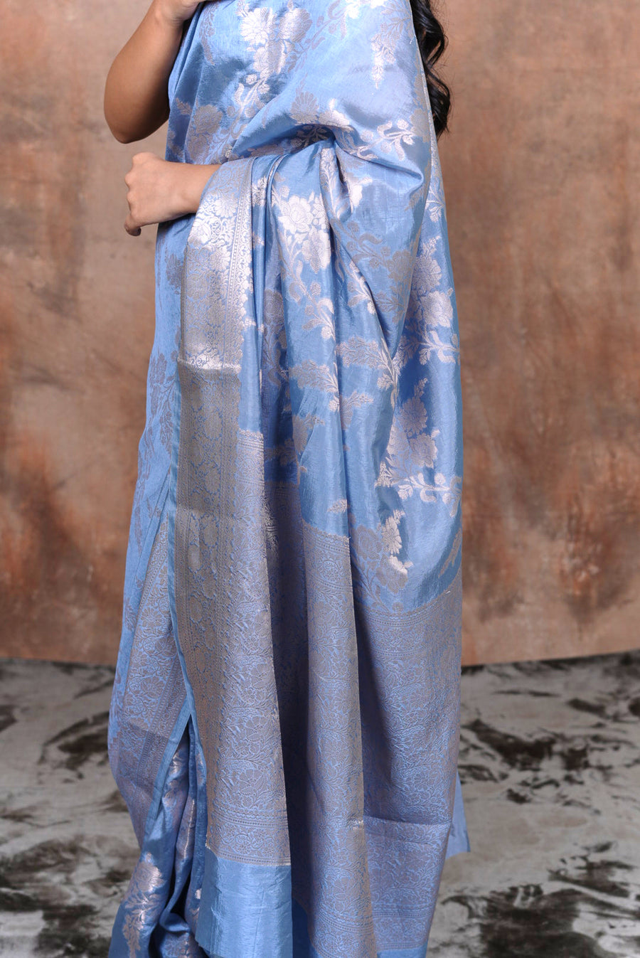 Royal Slate Blue Banarasi Floral Brocade Saree
