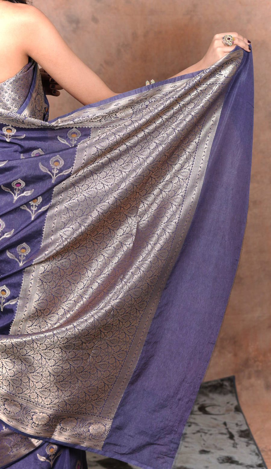 Midnight Bloom Banarasi Silk Saree with Zari Floral Pallu