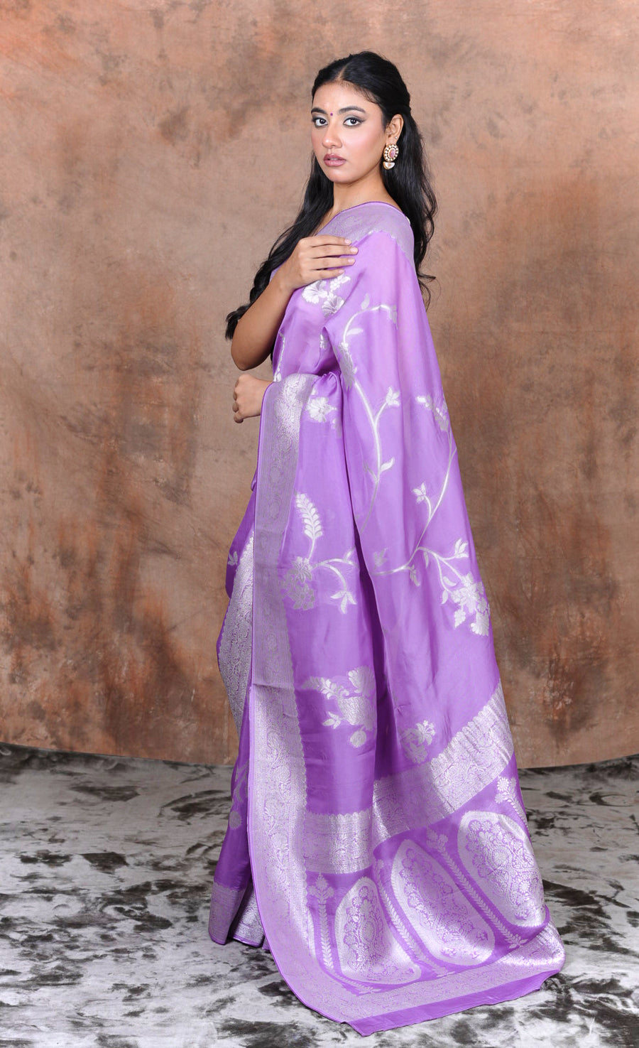 Purple Floral Zari Brocade Saree