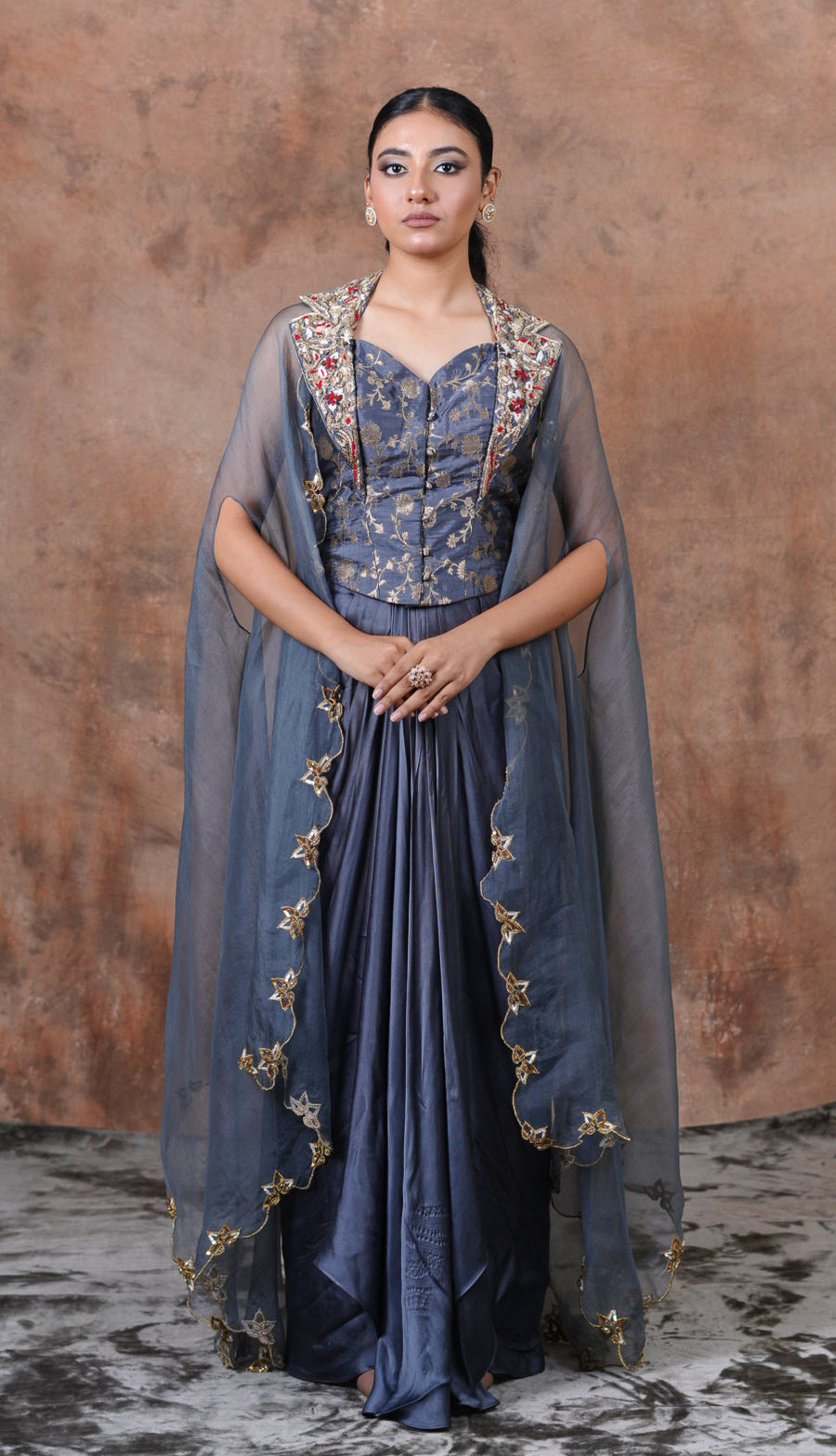 Midnight Blue Embroidered Corset Gown with Sheer Dupatta
