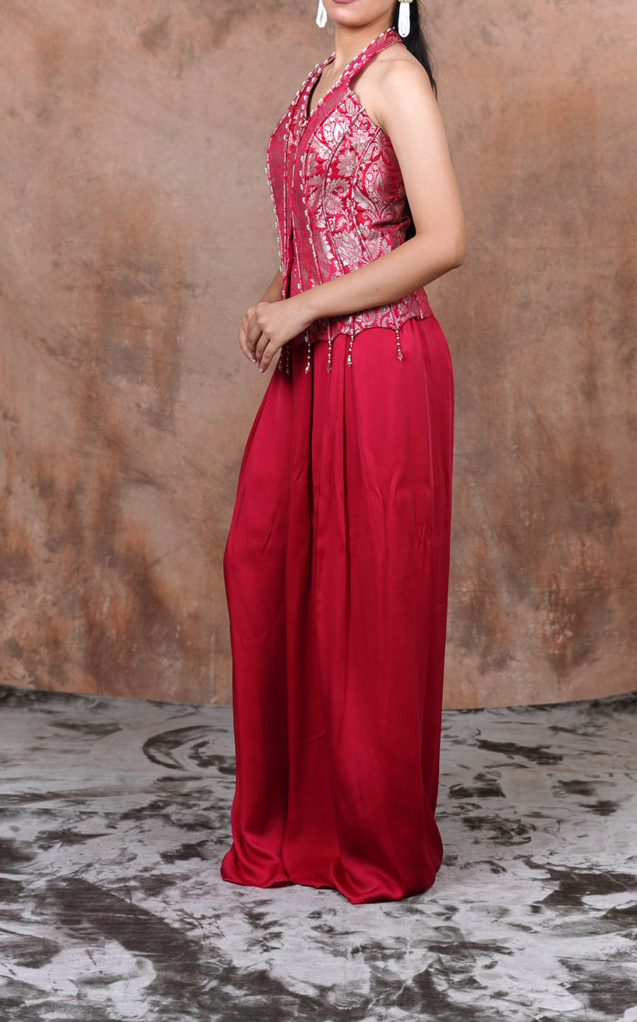 Ruby Red Brocade Peplum Top with Wide-Leg Pants