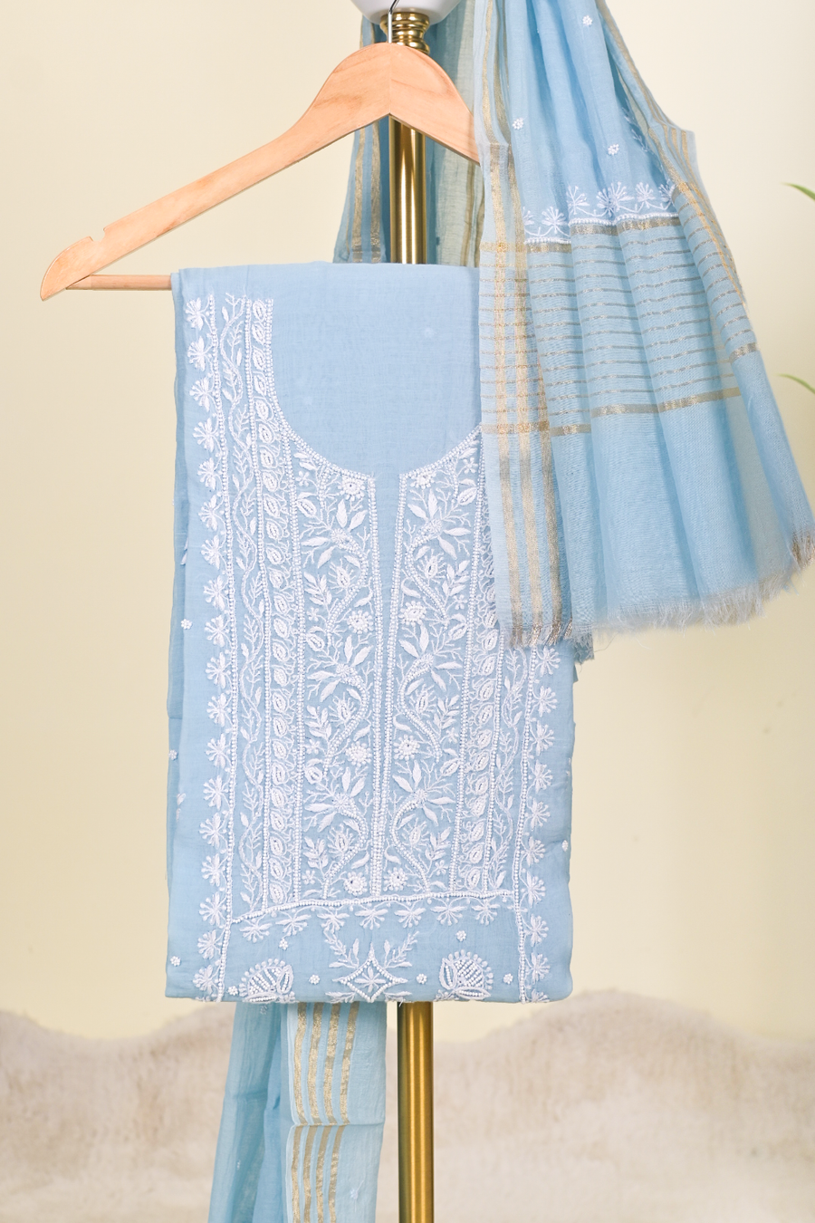 Sky Blue Chanderi Mulmul Embroidered Suit Set with Dupatta