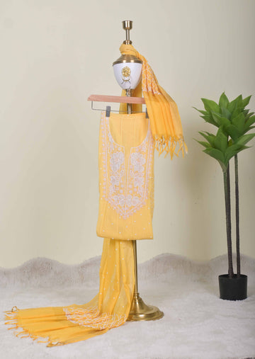 Yellow Chikankari Handwork Unstitched Suit Set with Dupatta