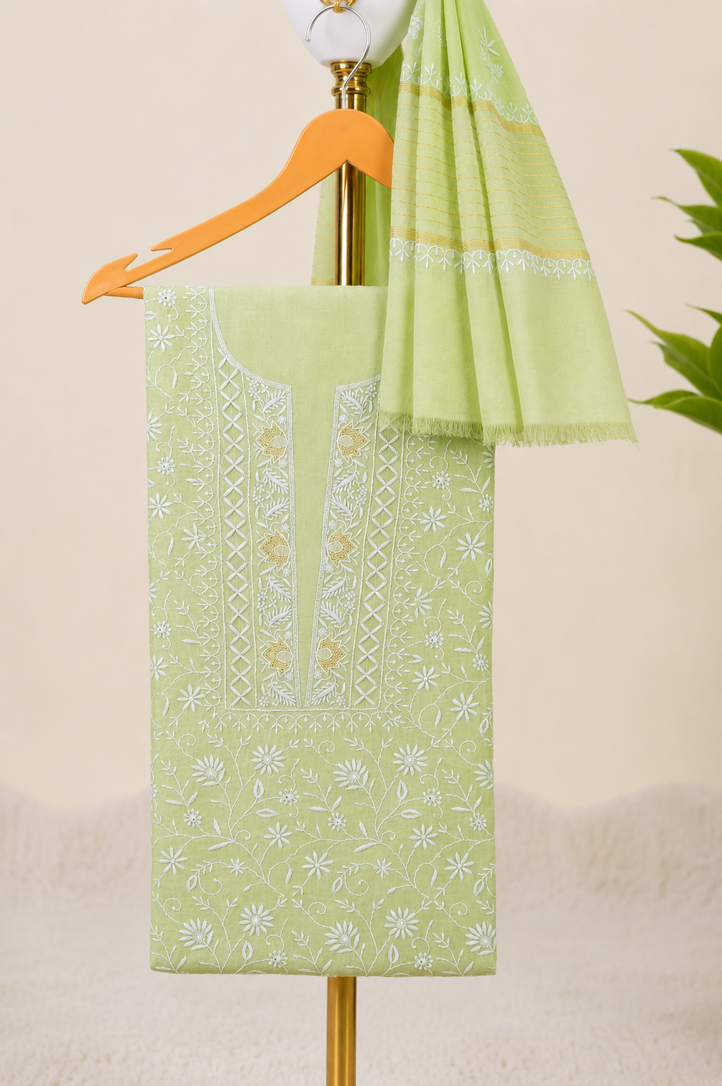 Pistachio Green Chikankari Unstitched Kurta & Dupatta