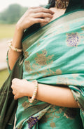 Aqua Blue Banarasi Saree – indian ethnic wear for women silver zari design close-up