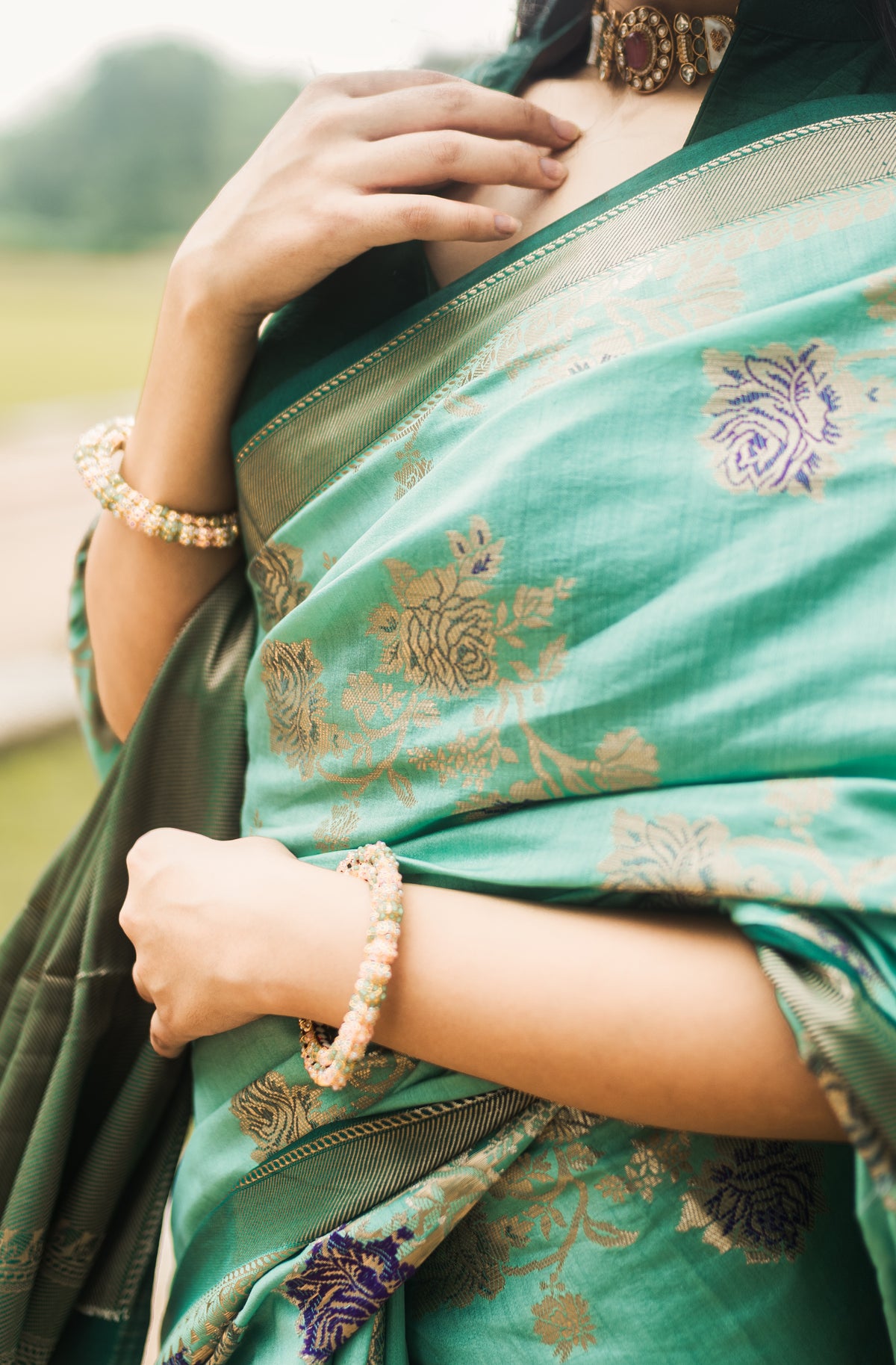 Aqua Blue Banarasi Saree – indian ethnic wear for women silver zari design close-up