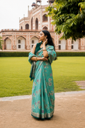 Aqua Blue Banarasi Silk Saree with Silver Zari Floral Weaving – Indian wear front view