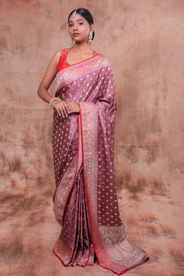 Wine Purple Banarasi Saree with Gold Zari Butta & Red Woven Border