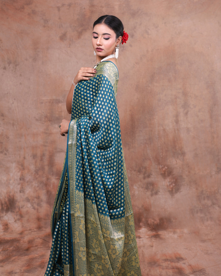 Teal Blue Gold Paisley Woven Saree