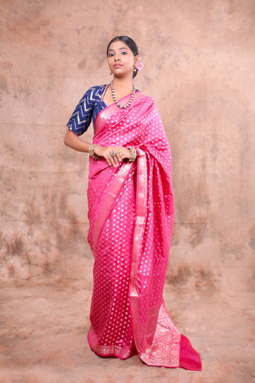 Rani Pink Banarasi Saree with Gold Zari Butta & Designer Border