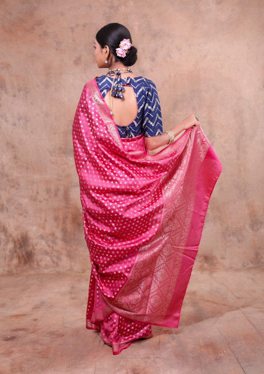 Rani Pink Banarasi Saree with Gold Zari Butta & Designer Border