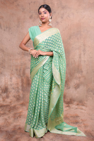 Mint Green Banarasi Jacquard Saree with Gold Zari Butta & Woven Border