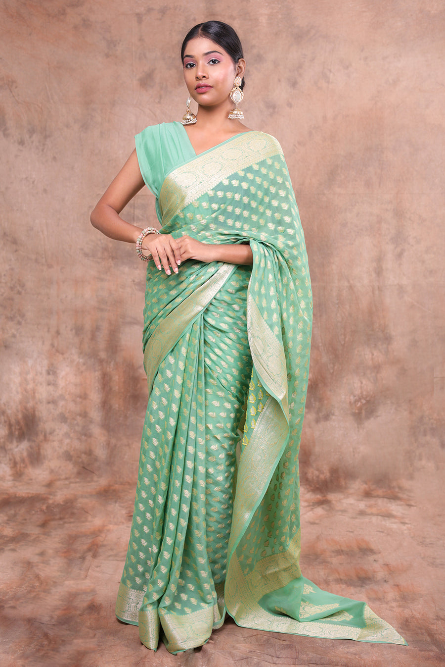 Mint Green Banarasi Jacquard Saree with Gold Zari Butta & Woven Border
